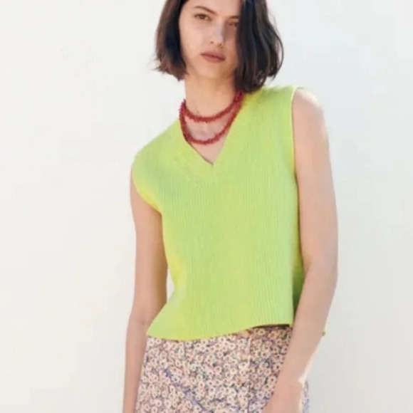 Zara Ribbed Knit Sleeveless Sweater  Vest Lime Green Blogger Size Small - Picture 3 of 8